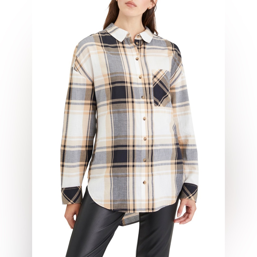 NWOT Sanctuary Evereve Boyfriend Tunic Black Tan Plaid Size L